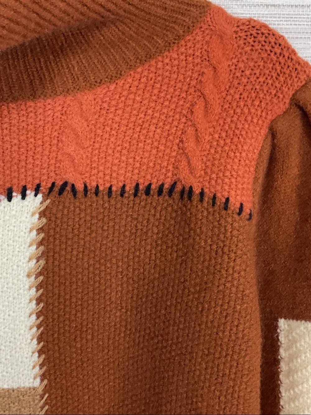 &Merci Turtleneck Floral Leaf Appliqué Patchwork Sweater in Rust & Cream Large - Picture 4 of 15